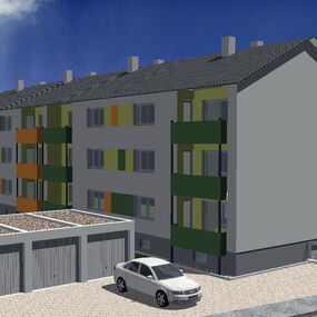Energetische Sanierung - Aussenansicht Mehrfamilienhaus - Skizze
